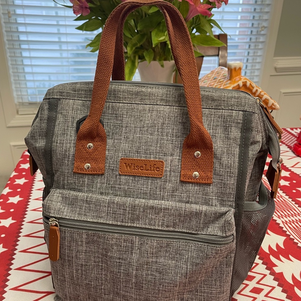 WiseLife Gray Backpack Tote with Brown Accents